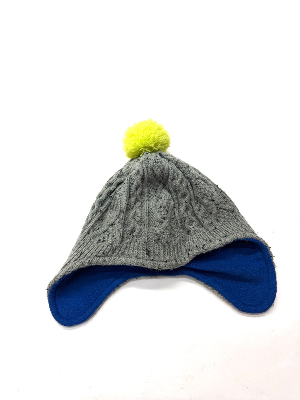 Mini Boden Gray Cable Knit Earflap Winter Snow Hat Blue Lining and Yellow Pom
